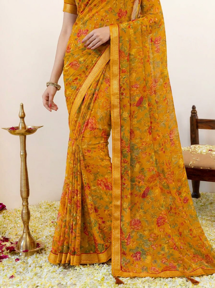 Aarna Floral Printed Chiffon Saree with Lace Border