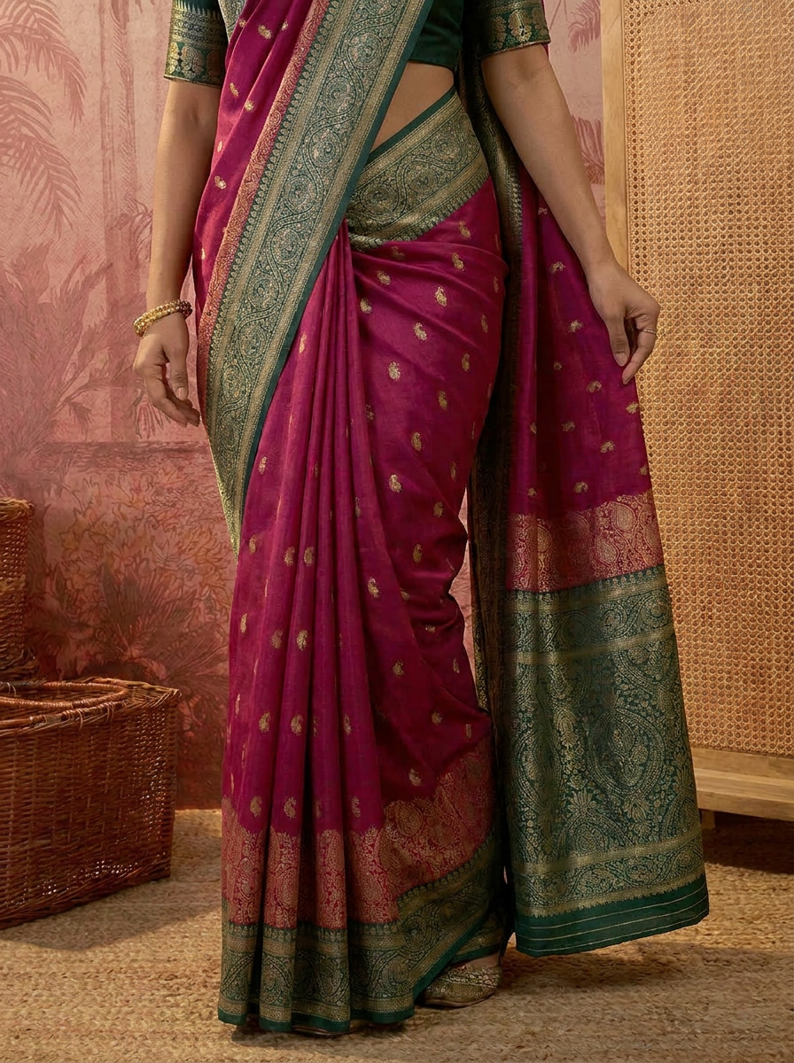 Elegant Rani Pink Banarasi Style Zari Woven Saree with Rich Golden Designer Pallu – Wedding & Festive Wear