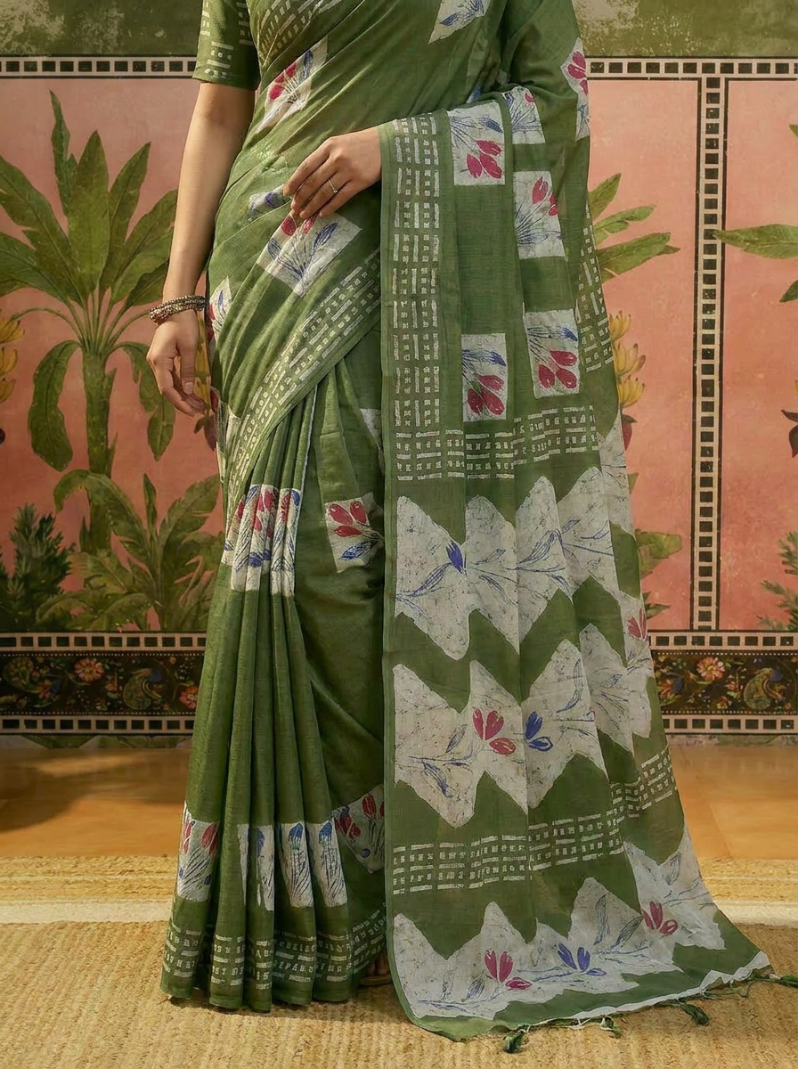 Olive Green Batik Printed Mulmul Cotton Saree - 05 lower closeup (1)