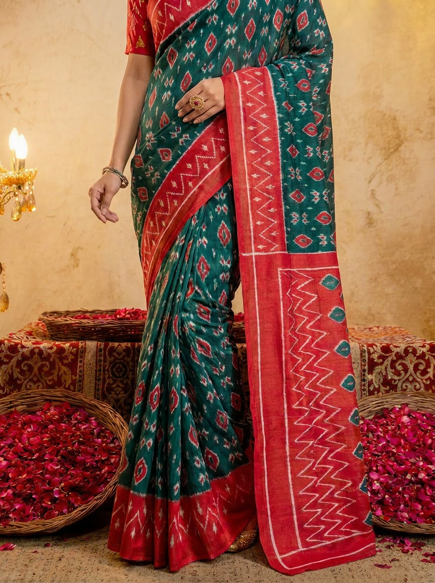 Rama green ikkat print cotton saree with blouse