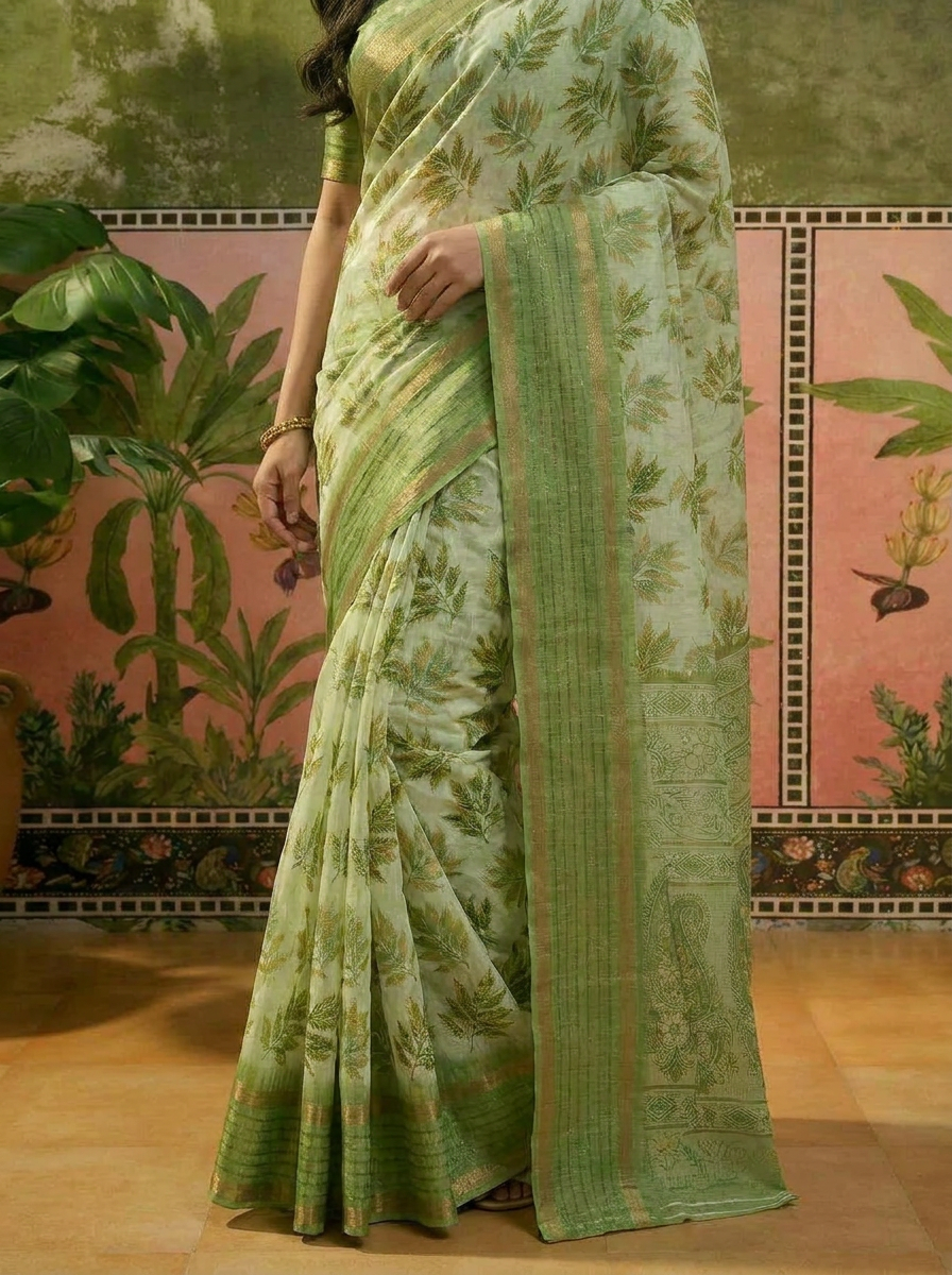 Vriksha Floral Leaf Chanderi Saree - 05 lower closeup (1)