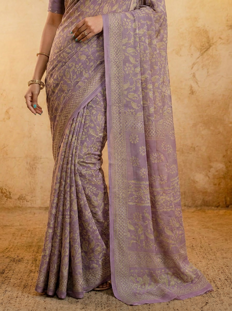 Sea Blue Cotten Saree with Golden Paisley Prints - 05 lower closeup (1)
