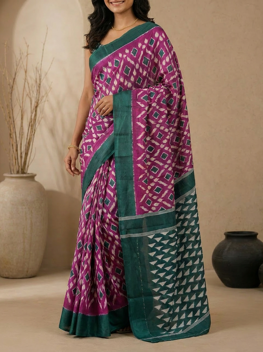 Pure Cotton Pink Saree with Rama Border & Floral Motifs - 05 lower closeup