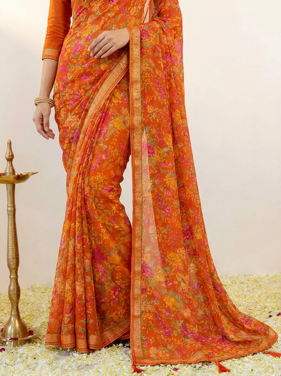 Aarna Floral Printed Chiffon Saree with Lace Border