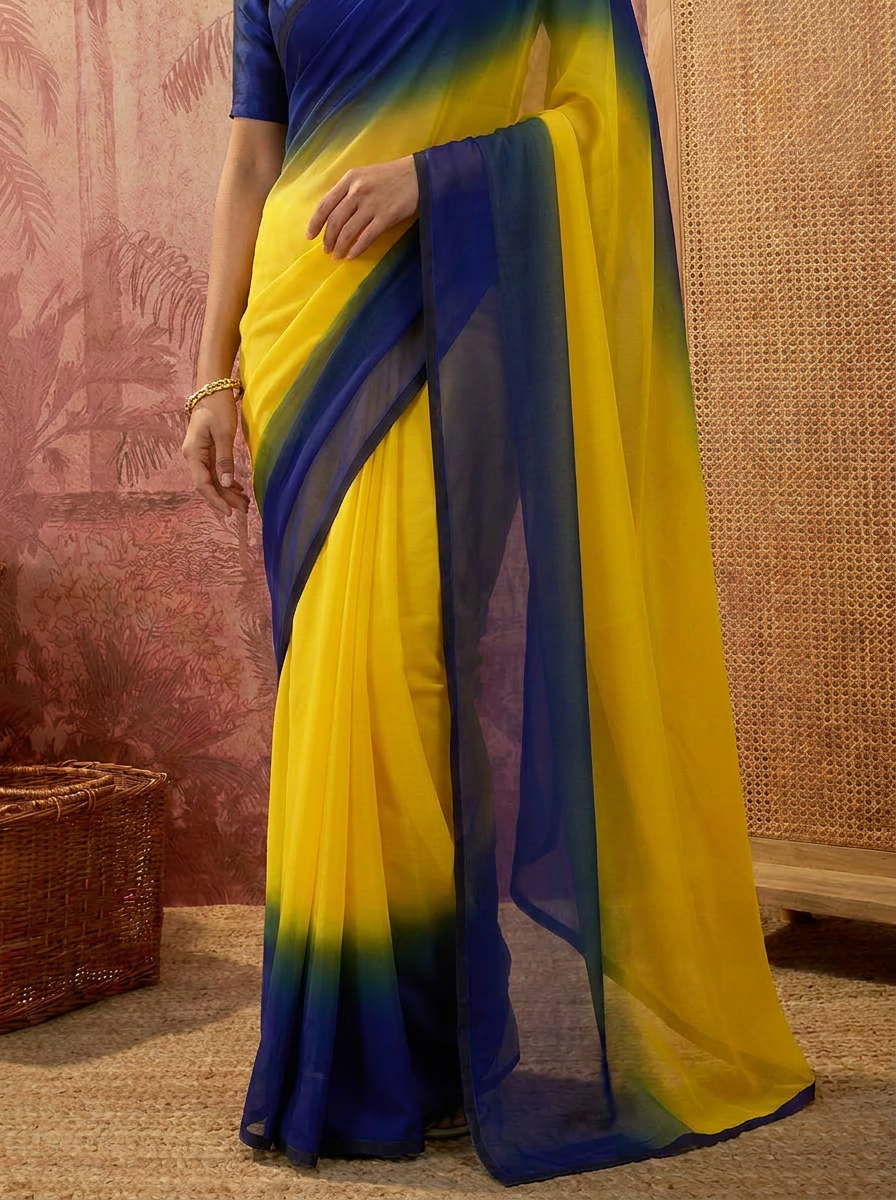 Stylish Green Yellow Ombre Chiffon Saree with Gradient Design – Trendy Party & Casual Wear - 05 lower closeup