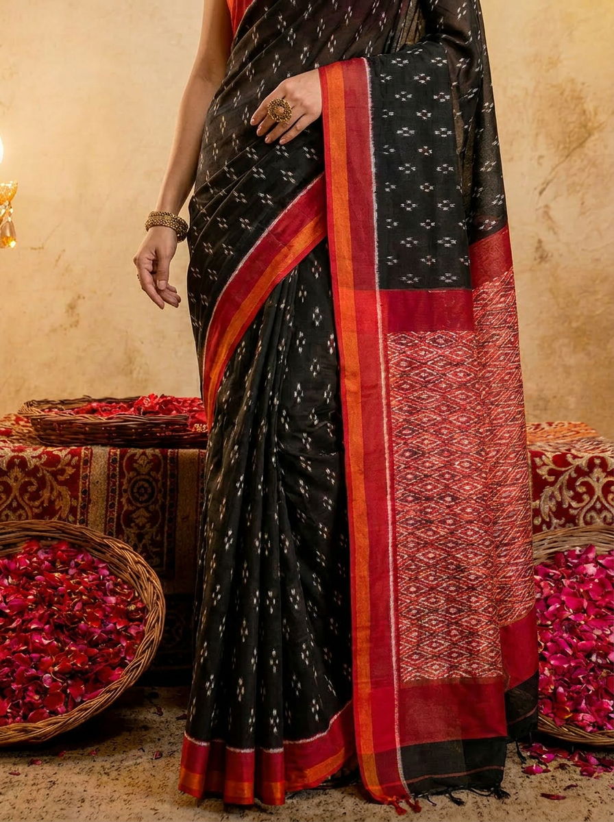 Rama green ikkat print cotton saree with blouse