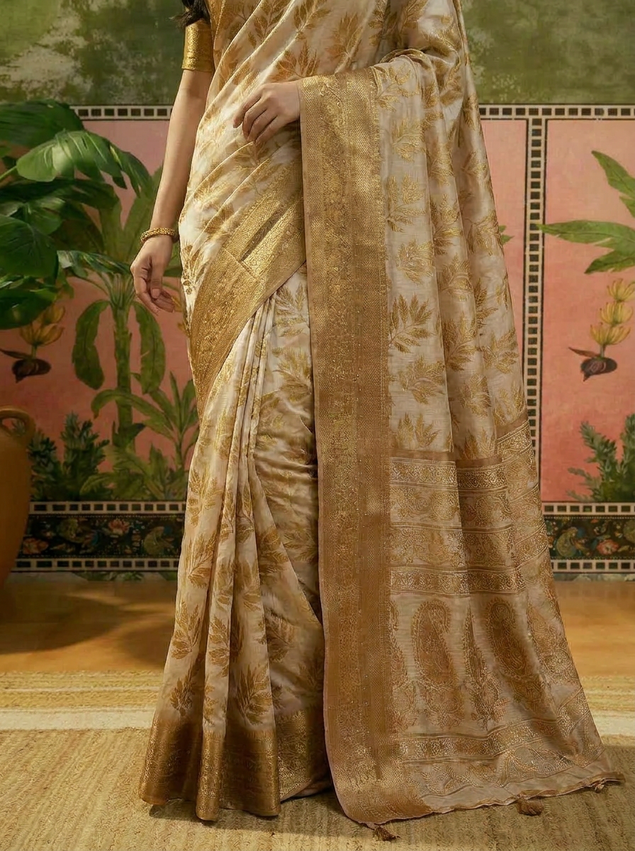 Vriksha Floral Leaf Chanderi Saree - 05 lower closeup
