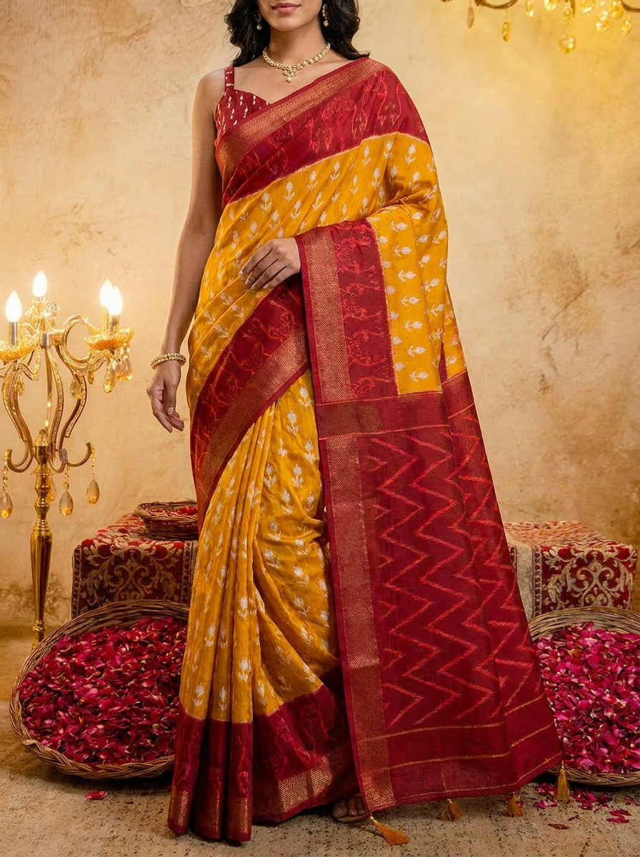 Rama green ikkat print cotton saree with blouse - 05 lower closeup (2)