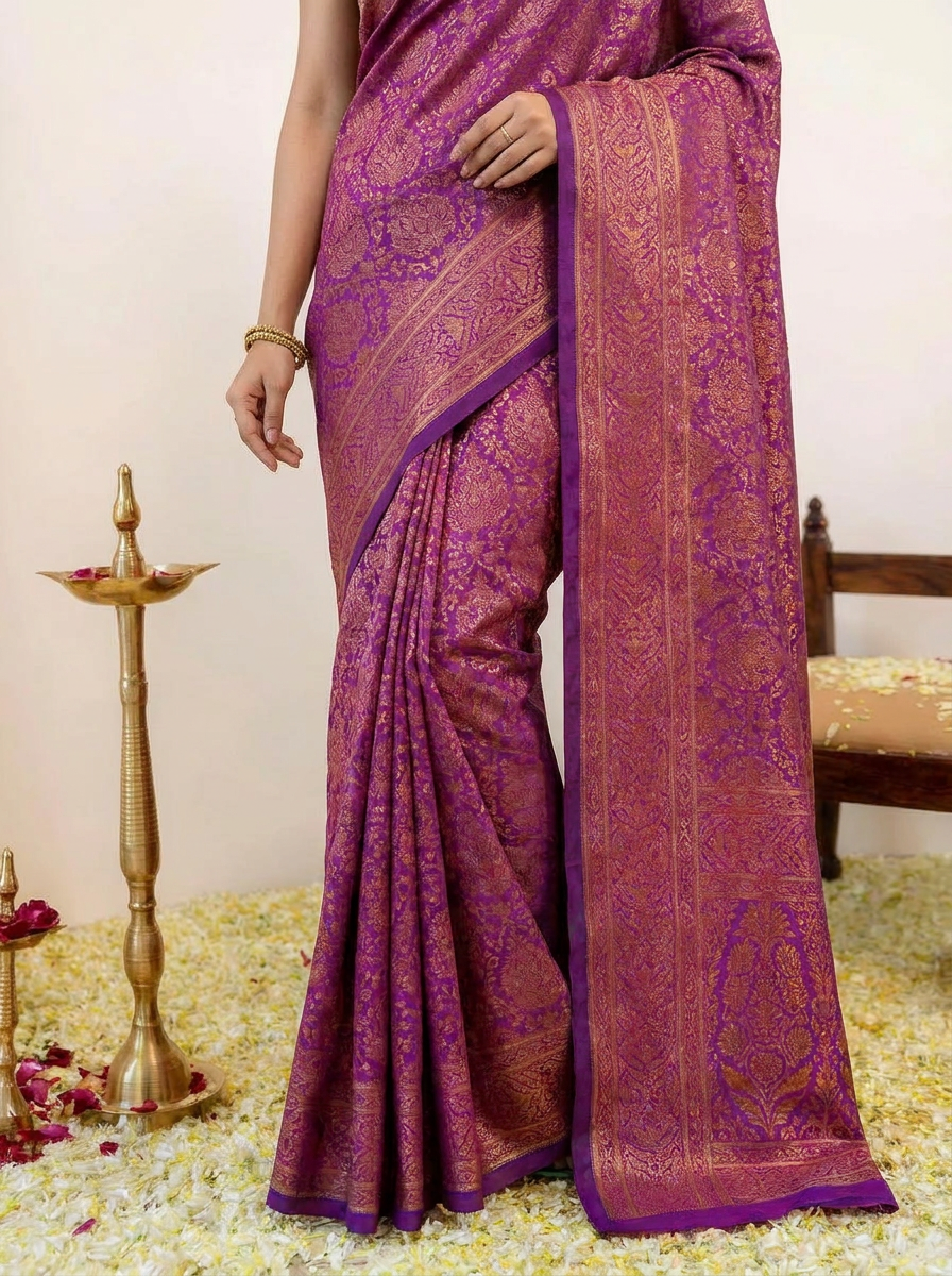 Vibrant Rani Pink Banarasi Silk Saree with Elegant Zari Weaving - 05 lower closeup (2)