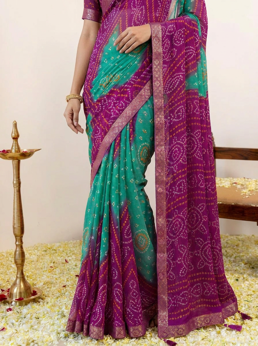 Rangriti Bandhani Chiffon Saree with Lace Border - 05 lower closeup (2)