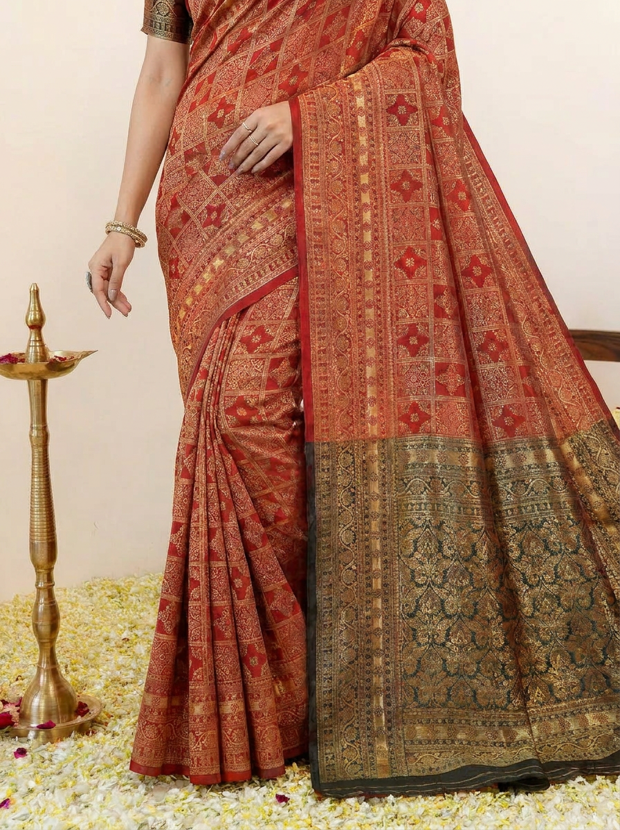 Elegant Red Banarasi Silk Saree with Rich Zari Weaving - 05 lower closeup (2)