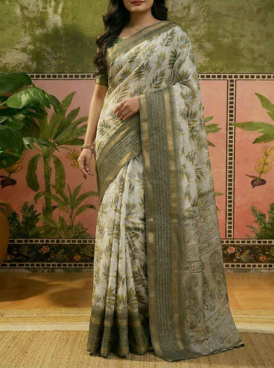 Vriksha Floral Leaf Chanderi Saree - 05 lower closeup (2)