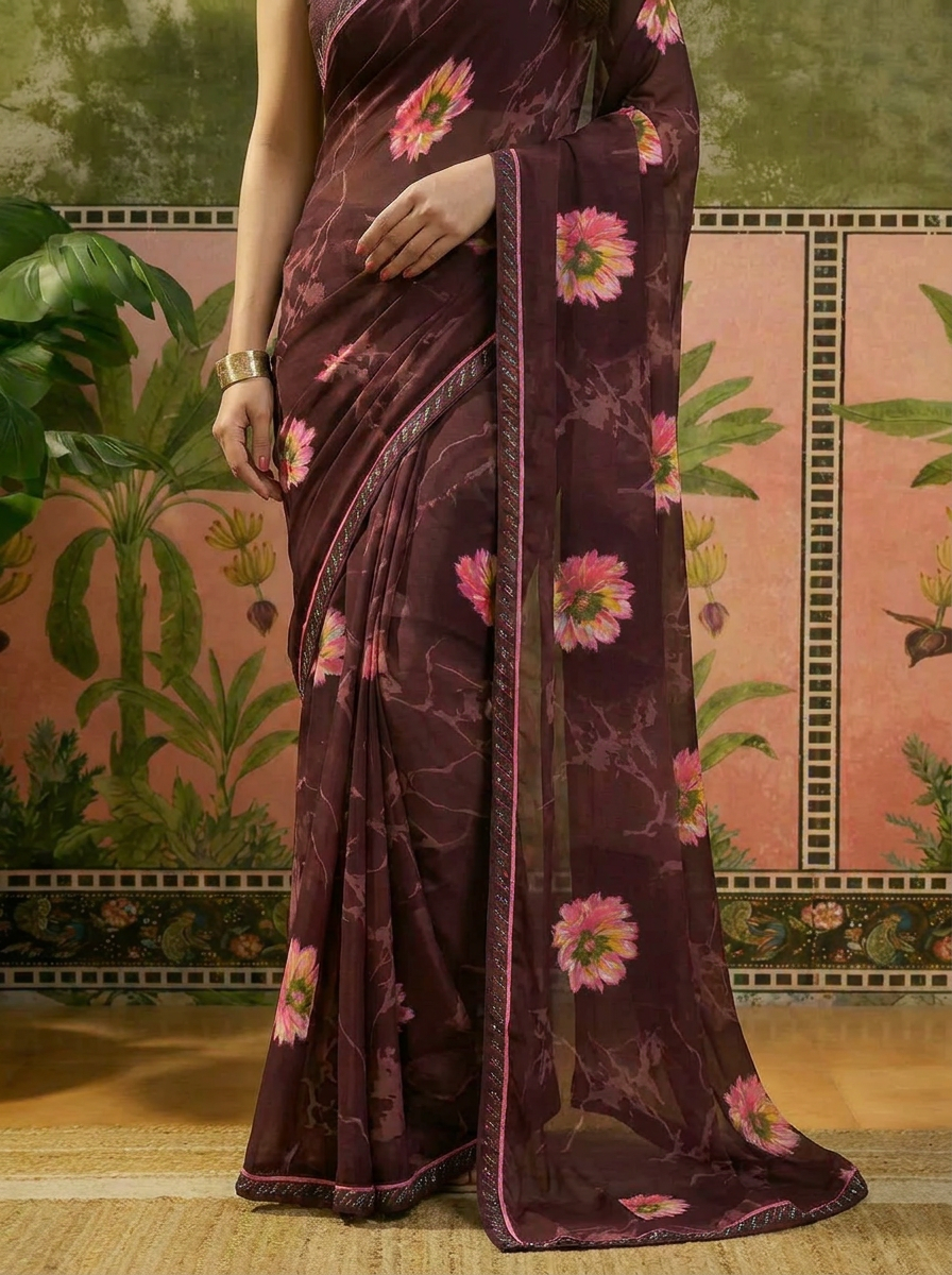 Elegant Olive Brown Floral Printed Saree with Pink Flower Design Ã¢â‚¬â€œ Stylish Party & Casual Wear - 05 lower closeup (2)