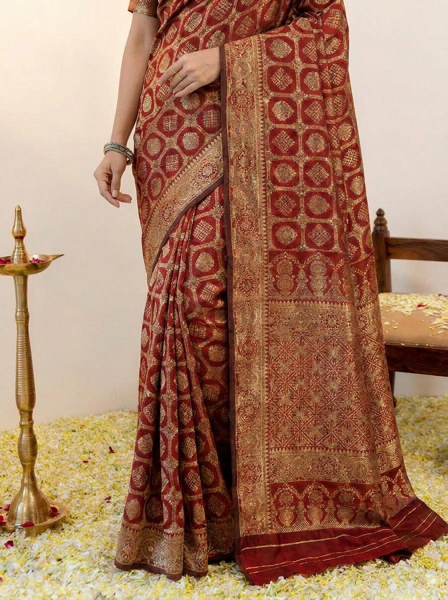 Royal Maroon Banarasi Silk Saree with Intricate Golden Zari Work - 05 lower closeup (2)