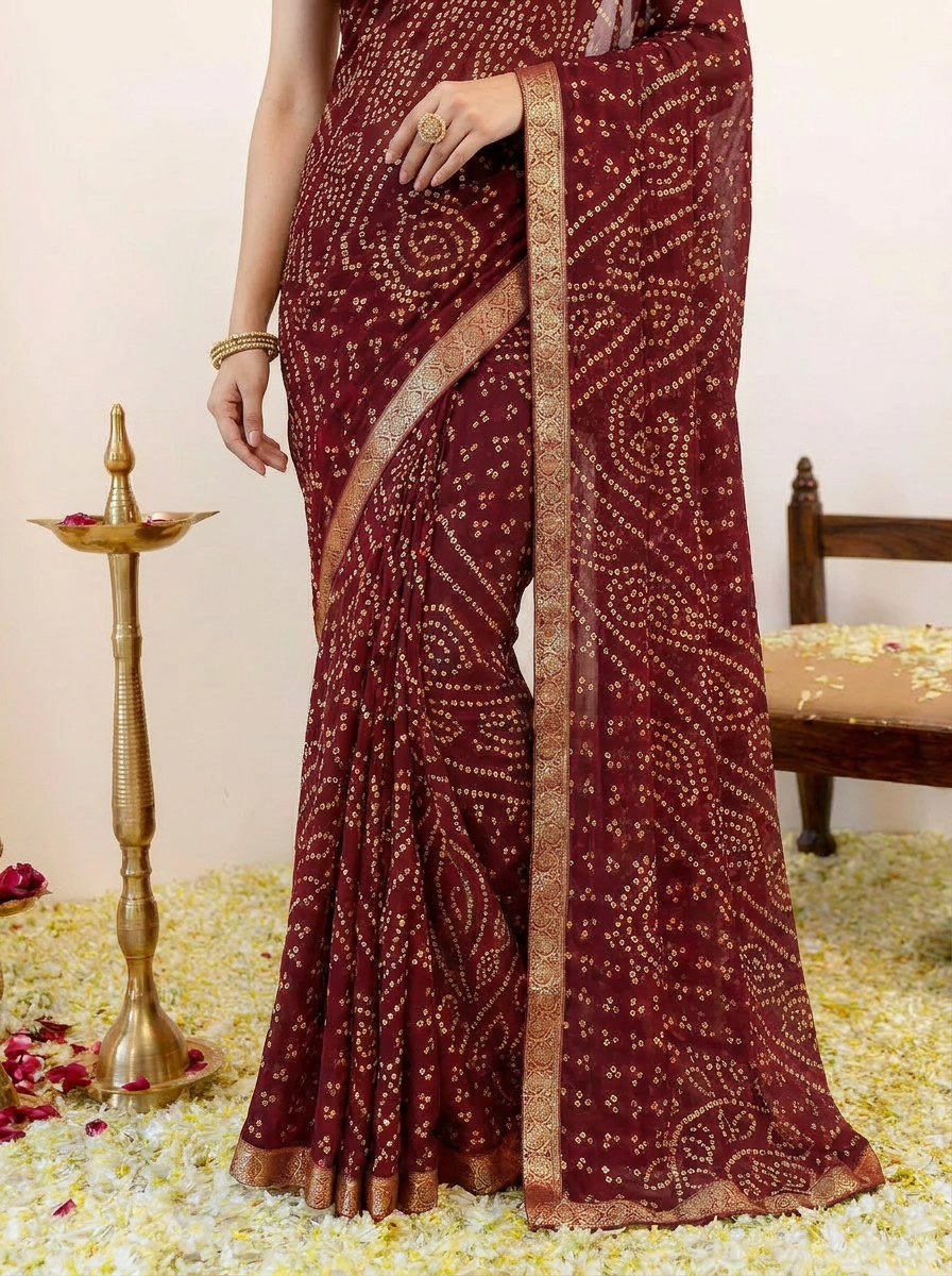 Ishani Bandhani Printed Chiffon Saree with Lace Border - 05 lower closeup (2)