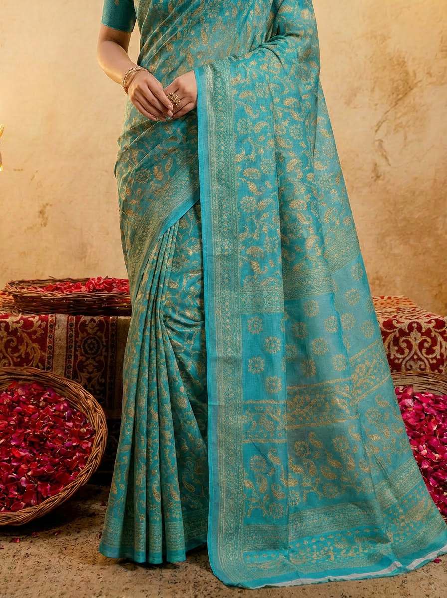 Sea Blue Cotten Saree with Golden Paisley Prints - 05 lower closeup (2)