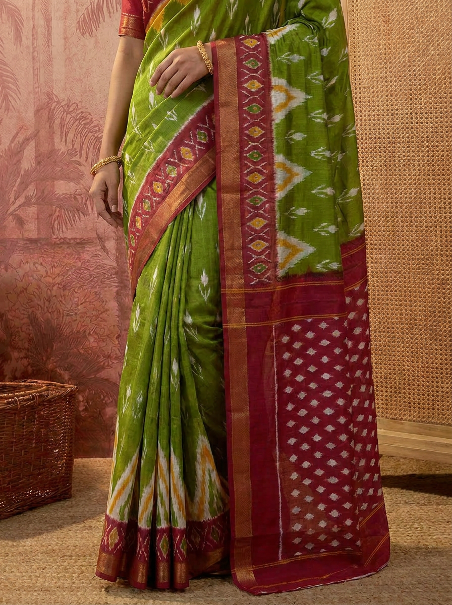 Elegant Pure Cotton Green & Magenta Printed Saree with Contrast Border - 05 lower closeup
