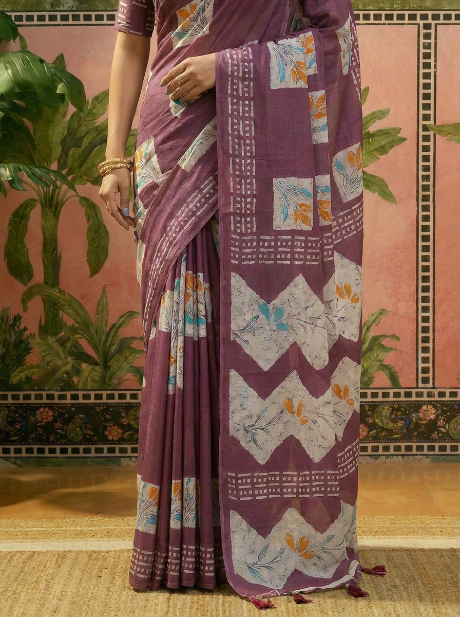 Olive Green Batik Printed Mulmul Cotton Saree