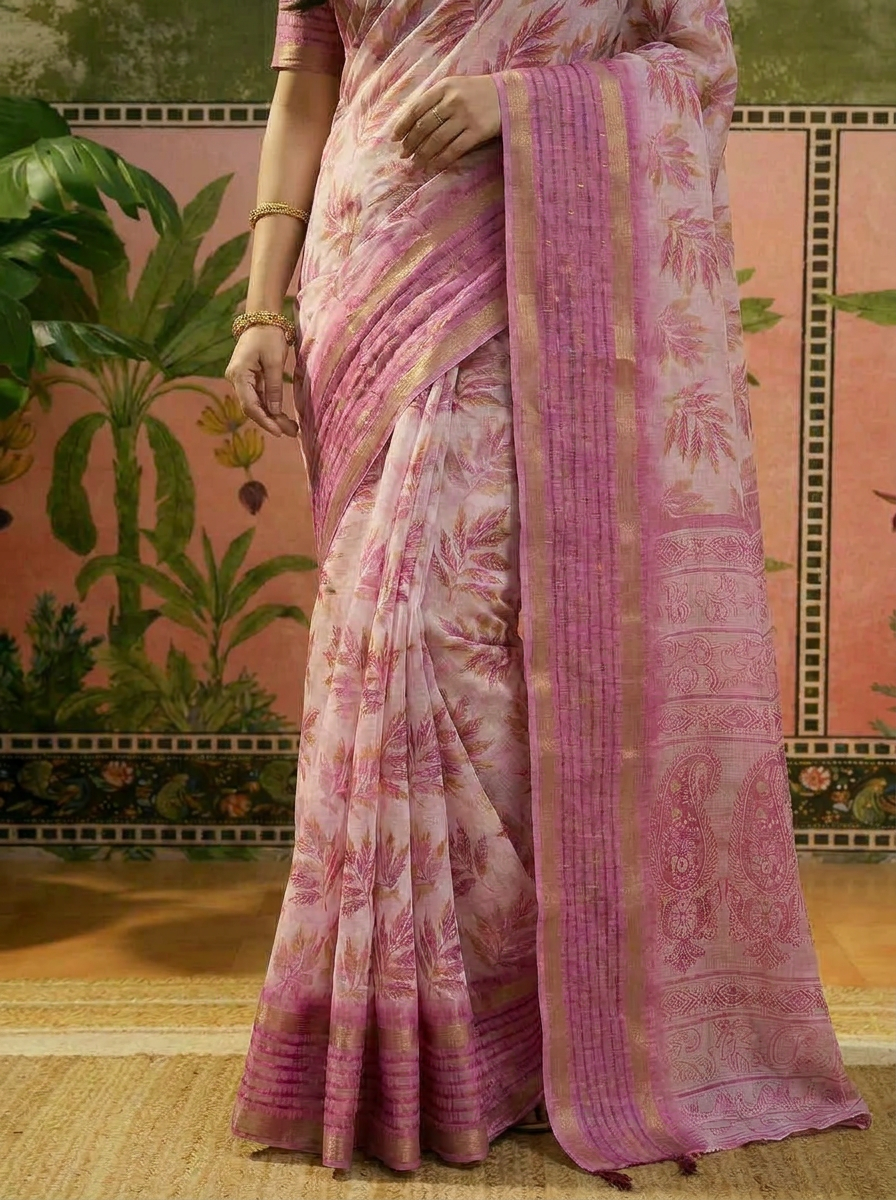 Vriksha Floral Leaf Chanderi Saree - 05 lower closeup