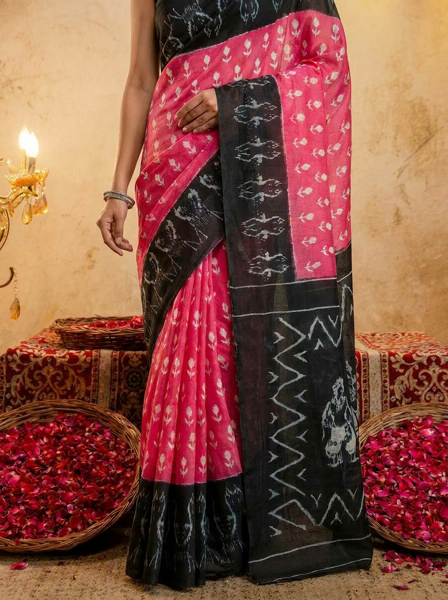 Rama green ikkat print cotton saree with blouse