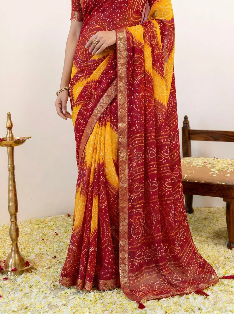 Rangriti Bandhani Chiffon Saree with Lace Border - 05 lower closeup (3)