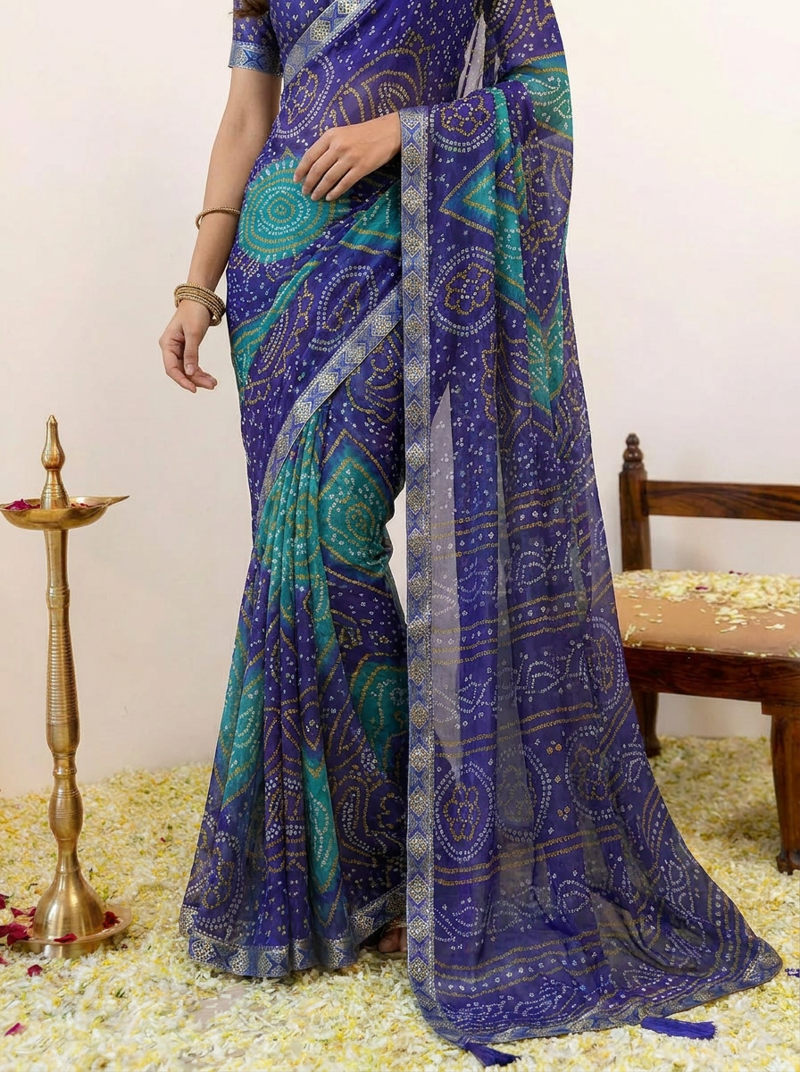 Rangriti Bandhani Chiffon Saree with Lace Border - 05 lower closeup (3)