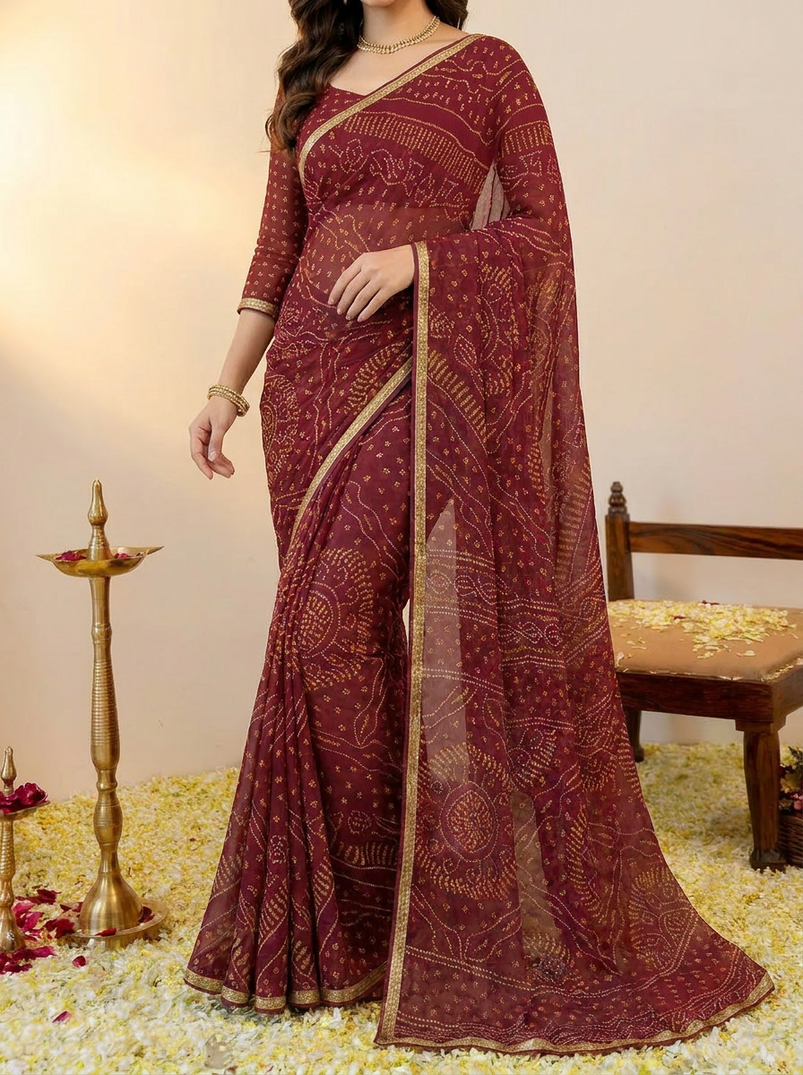 Ishani Bandhani Printed Chiffon Saree with Lace Border - 05 lower closeup (3)