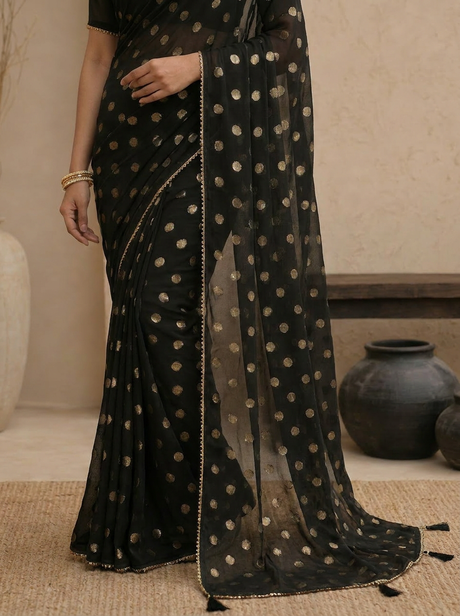 Swarna Polka Tassel Georgette Saree - 05 lower closeup