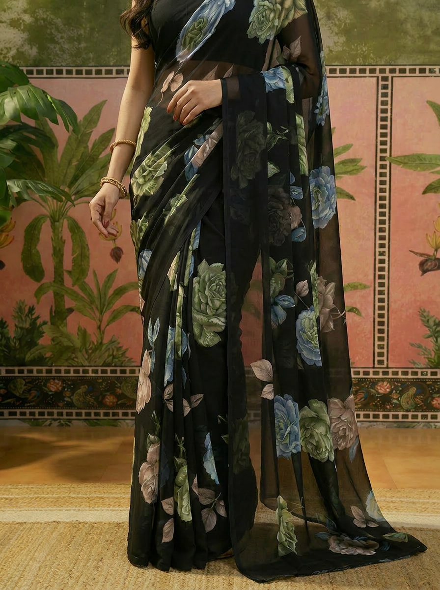 Elegant Black Floral Printed Chiffon Saree with Flower Design – Stylish Party & Casual Wear - 05 lower closeup