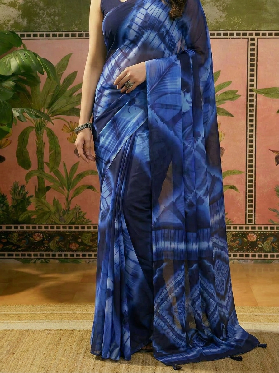 Elegant Royal Blue Tie-Dye Printed Saree Ã¢â‚¬â€œ Stylish Party & Casual Wear - 05 lower closeup