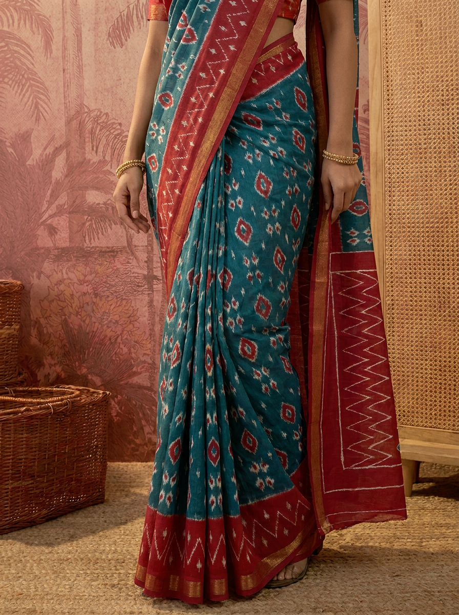 Stylish Pure Cotton Blue Printed Saree with Contrast Border - 05 lower closeup