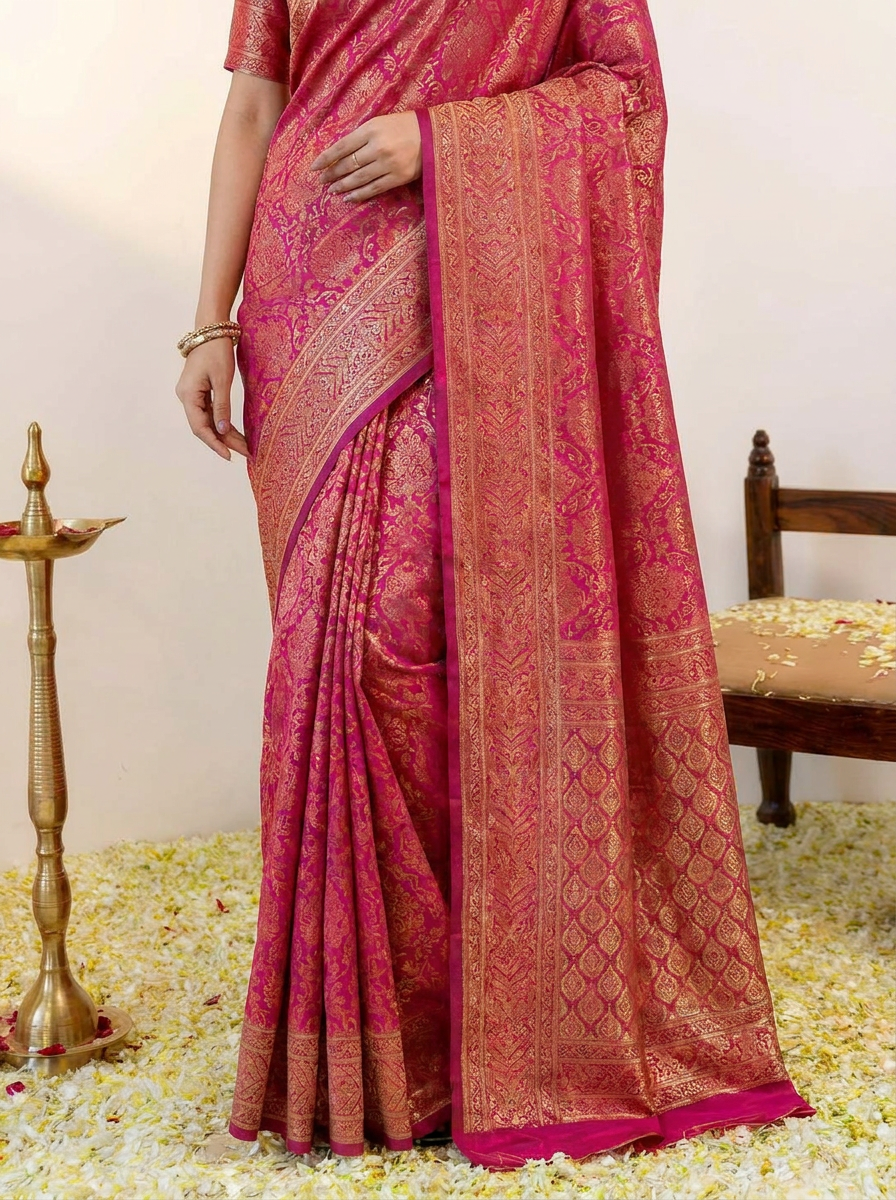 Vibrant Rani Pink Banarasi Silk Saree with Elegant Zari Weaving