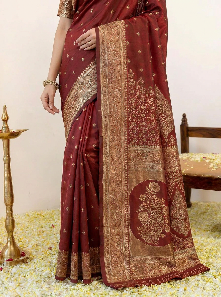 Royal Maroon Banarasi Silk Saree with Rich Golden Zari Border - 05 lower closeup (4)