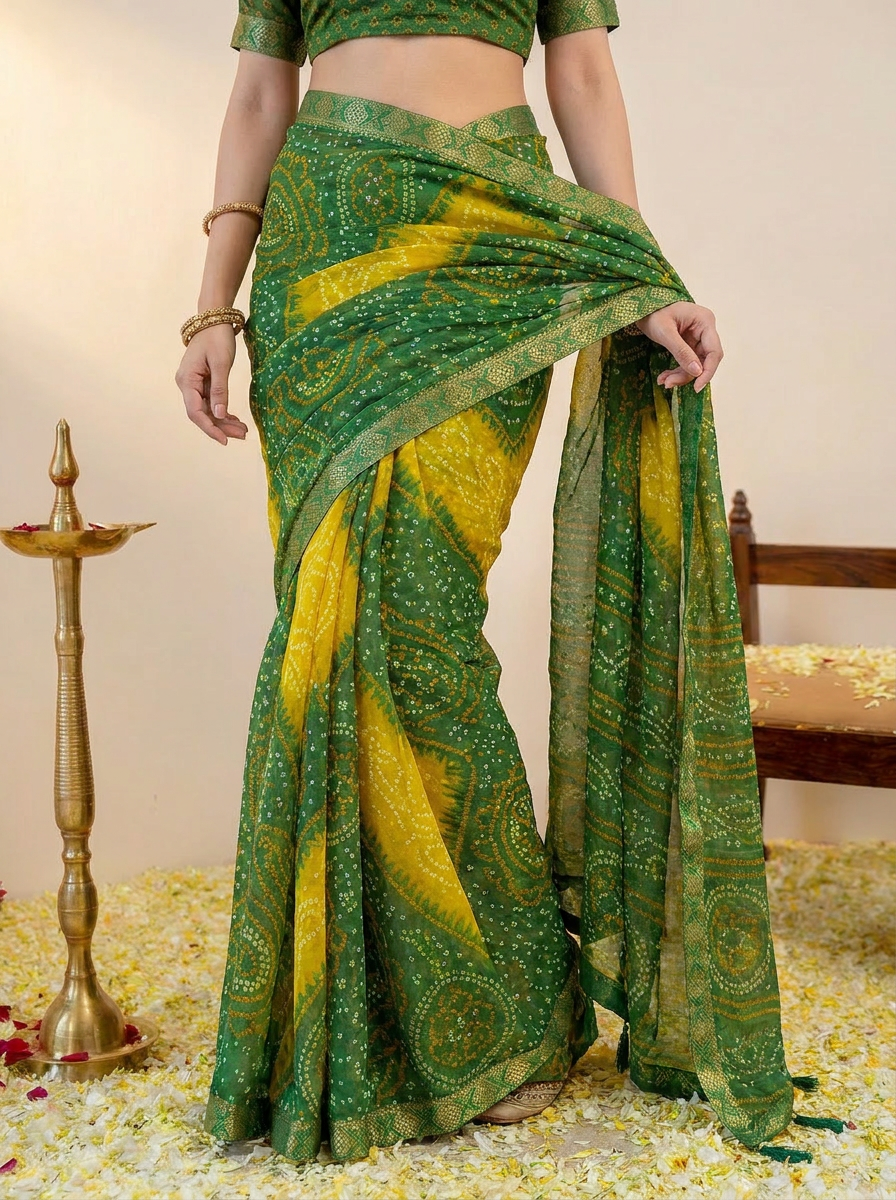 Rangriti Bandhani Chiffon Saree with Lace Border - 05 lower closeup (4)