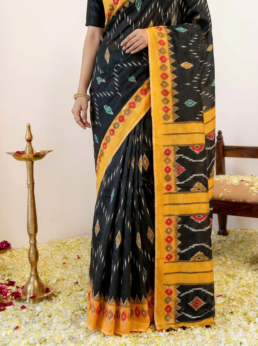 Pure Cotton Black Saree with Orange Border & Ikat Inspired Prints