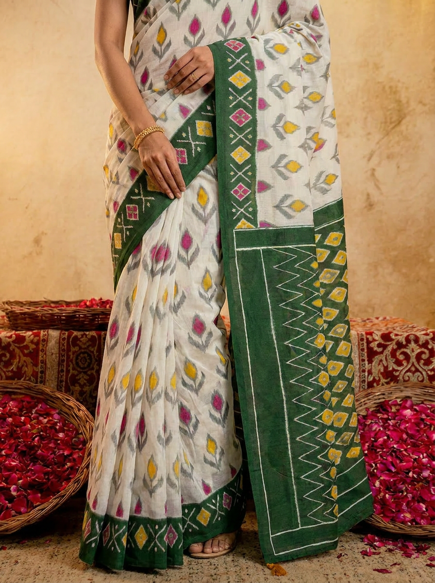 Rama green ikkat print cotton saree with blouse