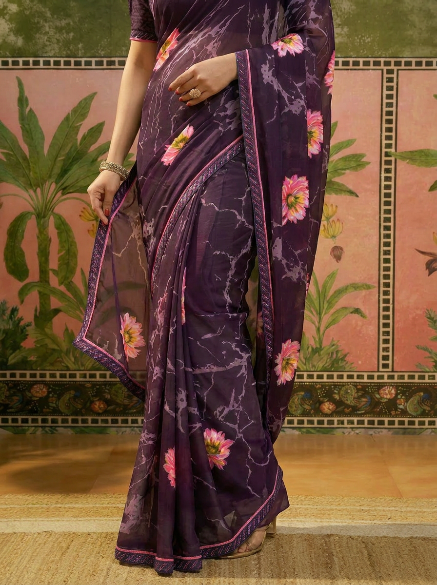 Elegant Olive Brown Floral Printed Saree with Pink Flower Design – Stylish Party & Casual Wear - 05 lower closeup