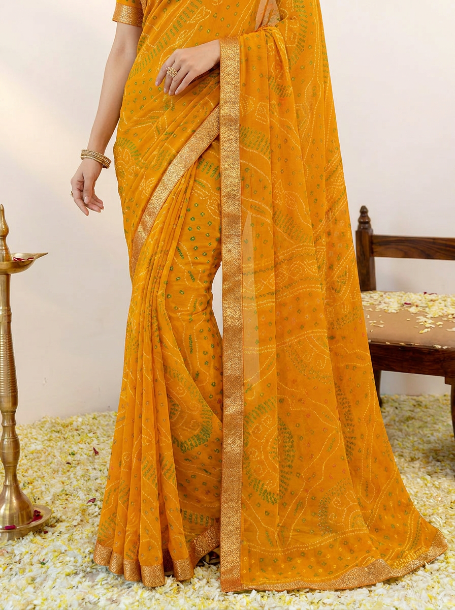 Ishani Bandhani Printed Chiffon Saree with Lace Border - 05 lower closeup