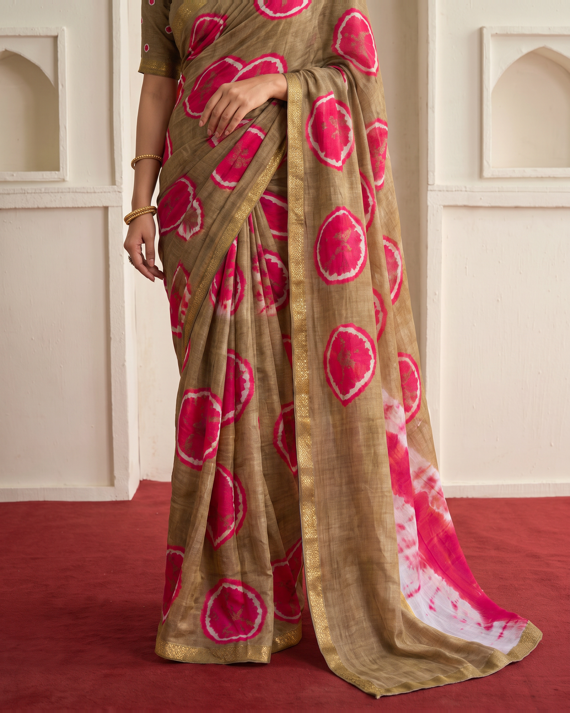 Vintage Charm Chikoo & Pink Shibori Saree