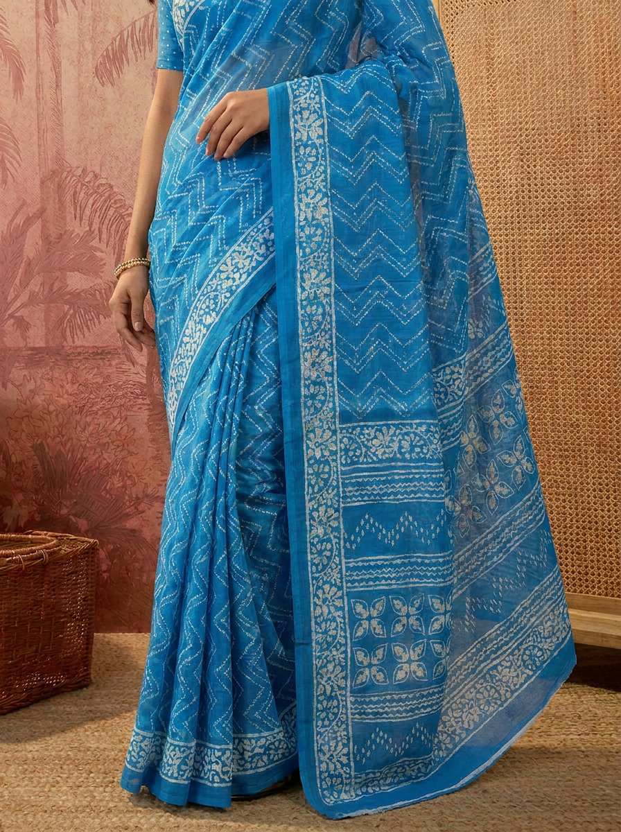 Elegant Pure Cotton Blue Printed Saree with White Ethnic Design - 05 lower closeup