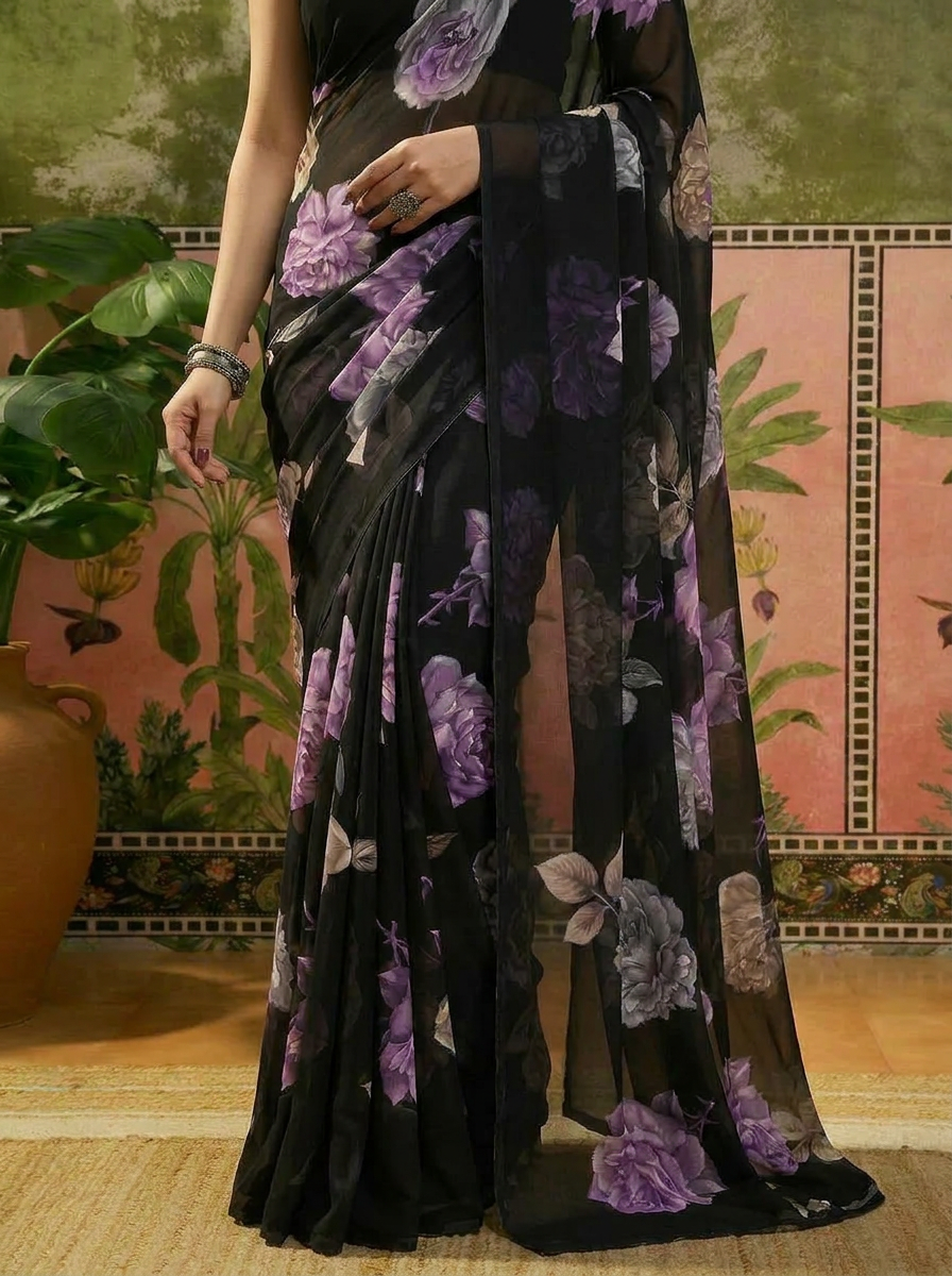 Elegant Black Floral Printed Chiffon Saree with Flower Design – Stylish Party & Casual Wear - 05 lower closeup