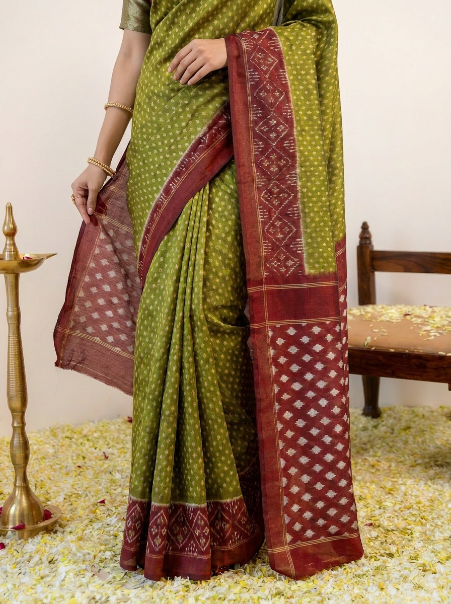 Traditional Pure Cotton Green Saree with Maroon Border & Ethnic Print - 05 lower closeup