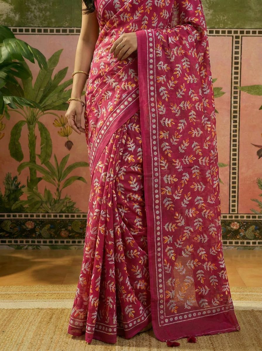 Pure Cotton Rani Pink Floral Printed Saree with Elegant Border - 05 lower closeup