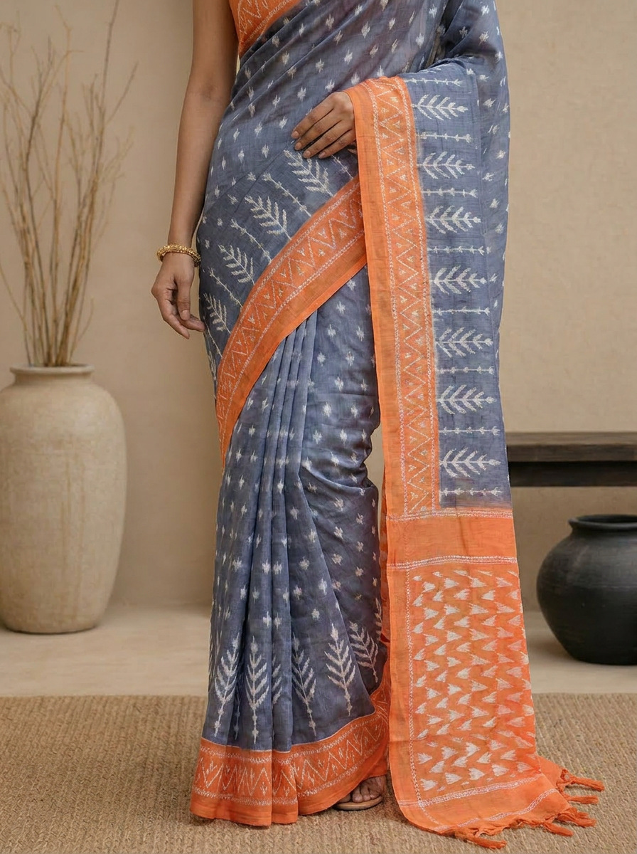 Elegant Pure Cotton Grey Saree with Orange Border & Ethnic Print - 05 lower closeup