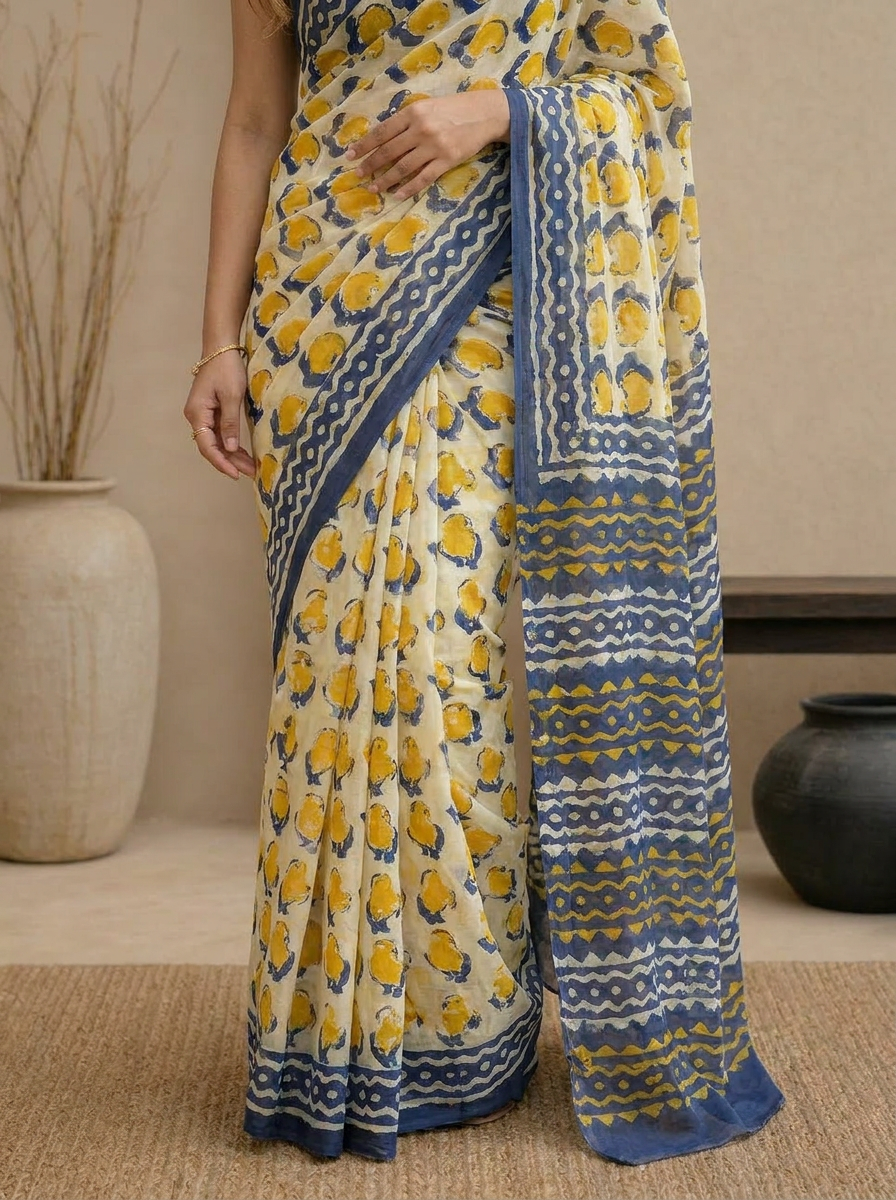 Pure Cotton Mustard Yellow Saree with Navy Blue Ethnic Prints - 05 lower closeup
