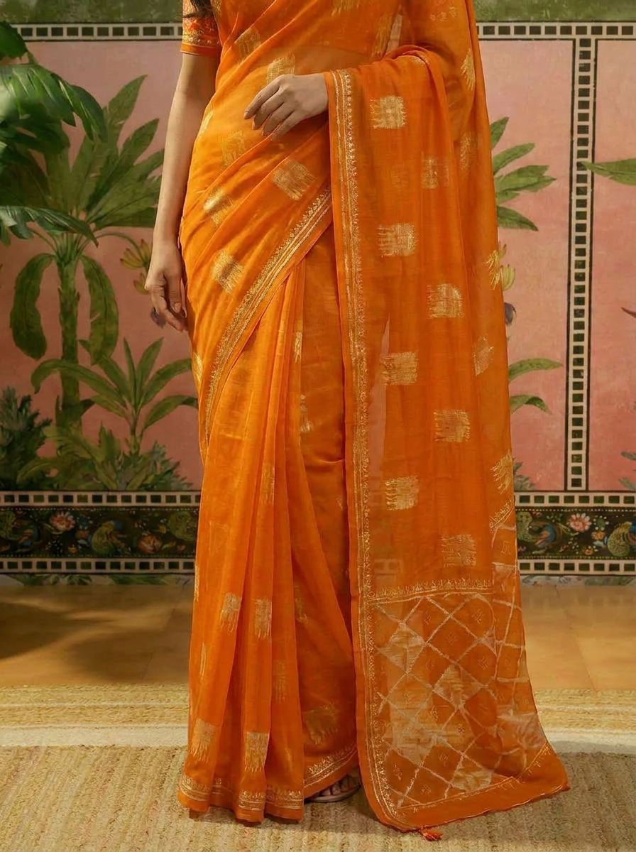 Pure Cotton Bright Orange Traditional Printed Saree - 05 lower closeup