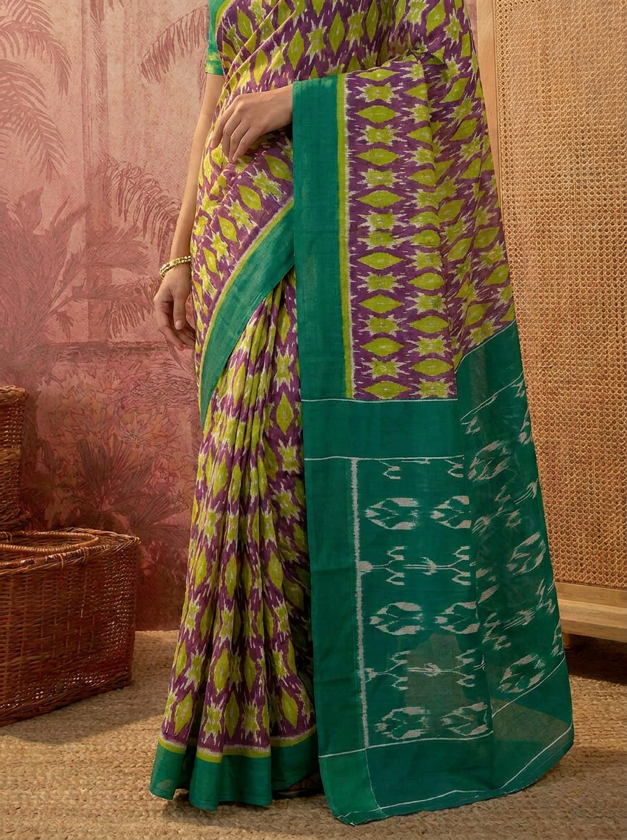 Stylish Pure Cotton Green & Purple Printed Saree with Contrast Pallu - 05 lower closeup
