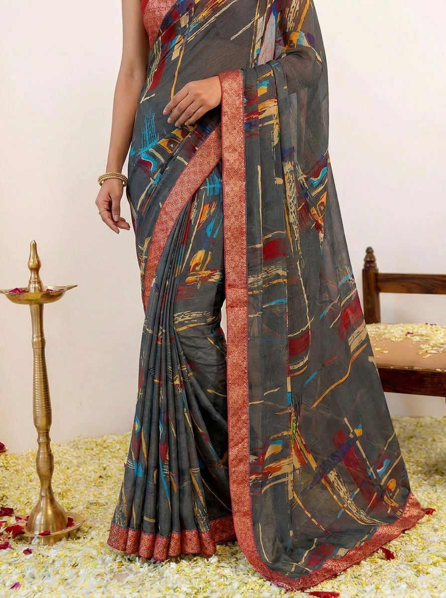 Aarohi Digital Print Chiffon Saree with Lace Border - 05 lower closeup