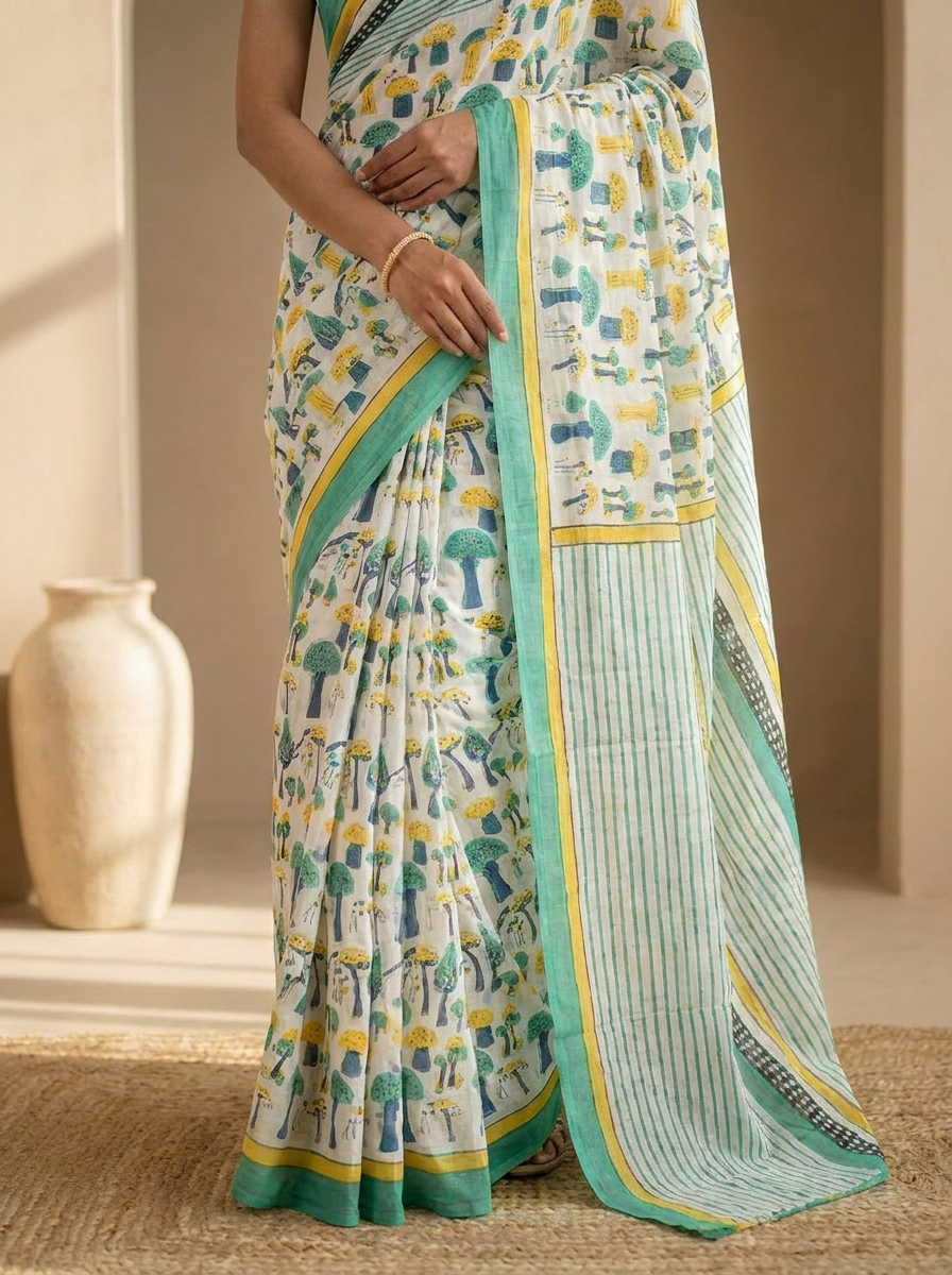 Pure Cotton Off White Saree with Multicolor Abstract Prints & Green Border - 05 lower closeup