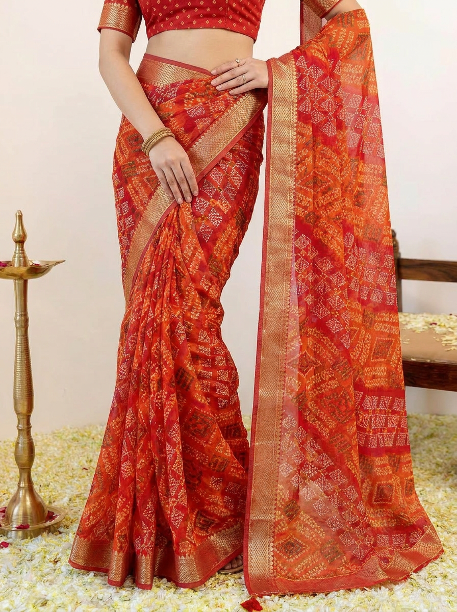 Bandhej Tassel Chiffon Saree